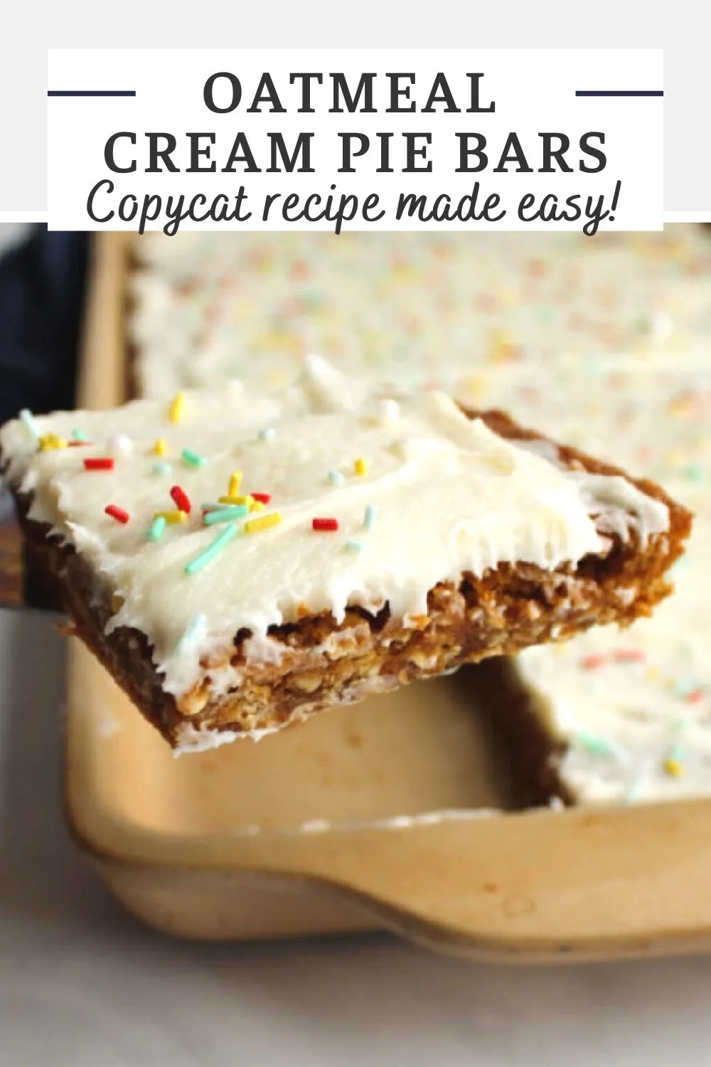Oatmeal cream pie bars will remind you of the oatmeal creme pies you used to get in your lunchbox.  These chewy cookie bars are super easy to make and will give you a taste of childhood.