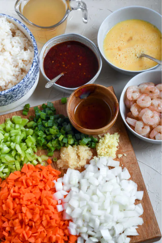 Ingredients ready to be made into shrimp fried rice.