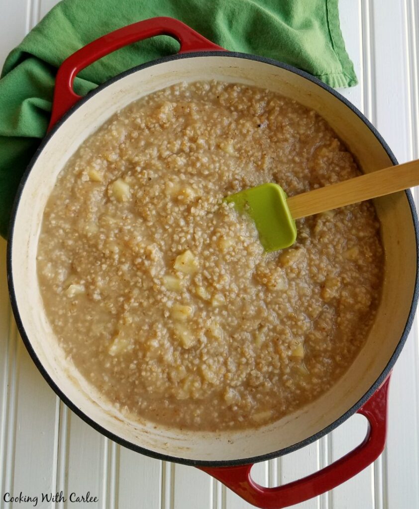 Enameled dutch oven filled with apple steel cut oats and spatula.