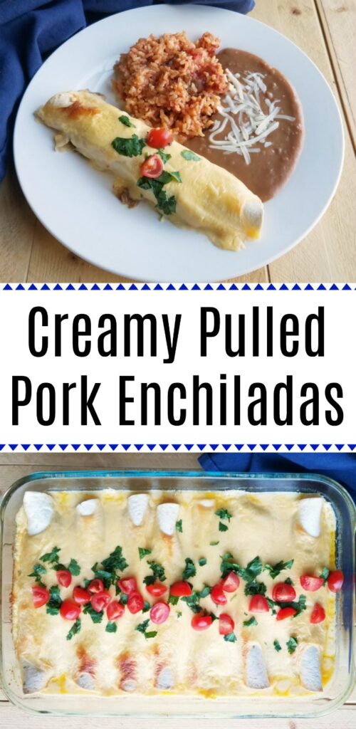The perfect use for leftover pulled pork! These pulled pork enchiladas are part BBQ and part Tex-Mex. They are creamy, cheesy and oh so good!