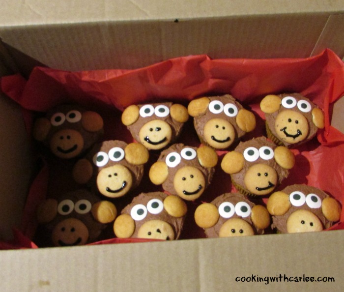 Monkey cupcakes boxed up and ready to go to the party.
