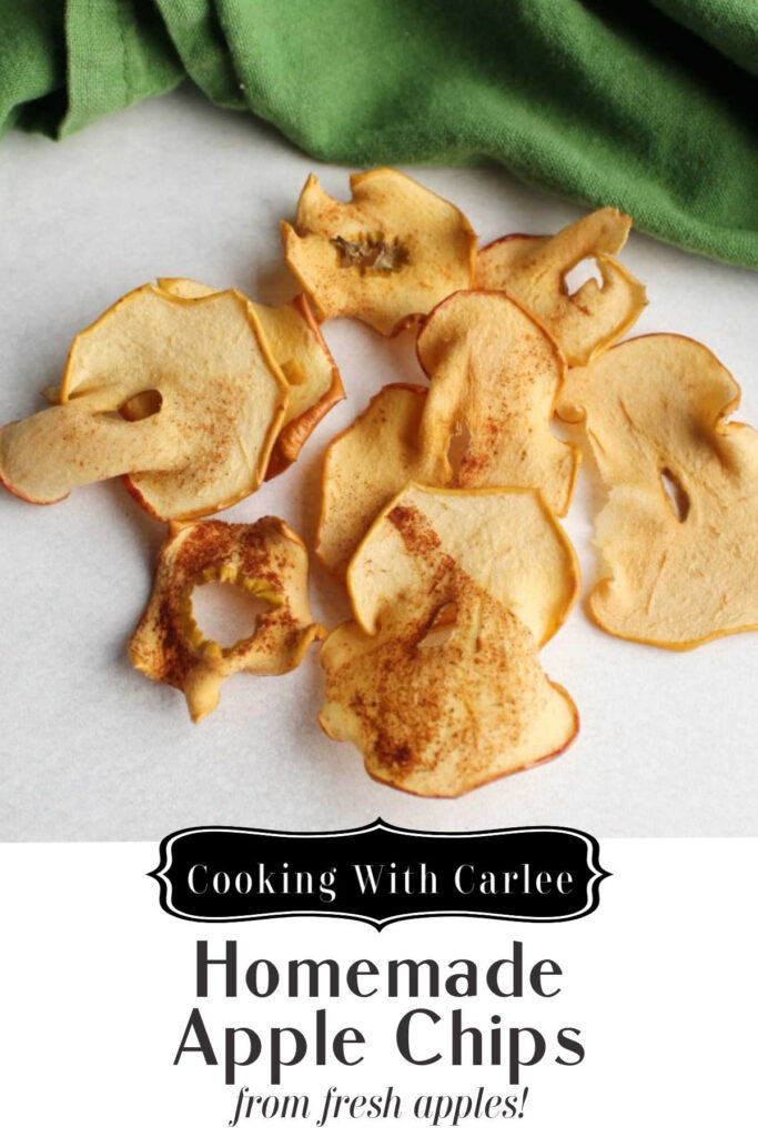 Apple chips are such a versatile fall treat.  You can use them to top cakes, toss them in salads or eat them as is.  Instead of buying them from the store, make them at home.  They are super easy and delicious.