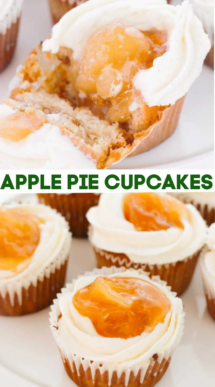 Start with perfect easy homemade vanilla cupcakes and bake some apple pie filling in the center. A ring of creamy vanilla buttercream holds more apples on top. These cupcakes are the perfect cakey version of apple pie a la mode. Make a batch to see for yourself!