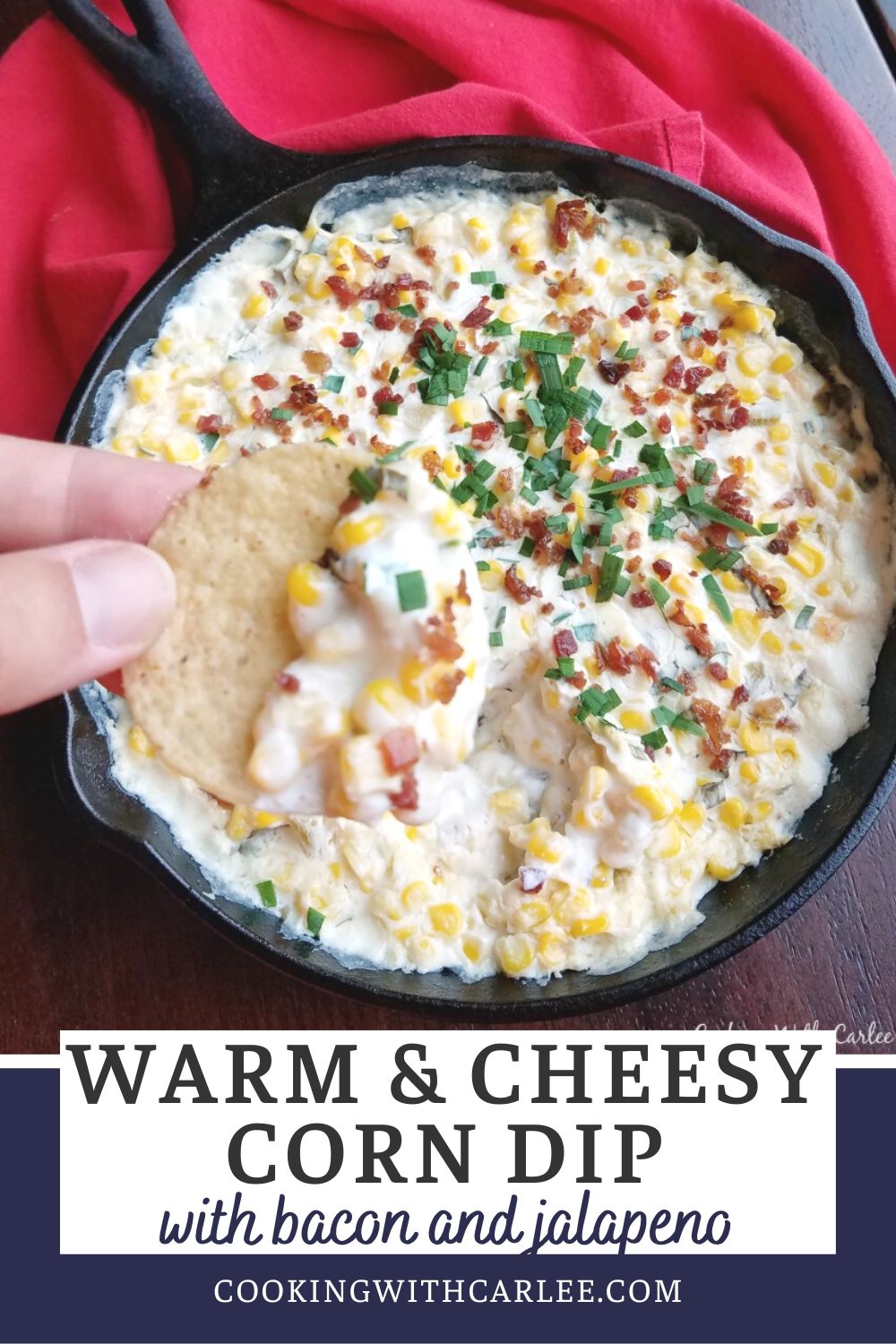 This creamy dip is loaded with corn, bacon and cheese. There is just a bit of spice that adds to the great taste. It is absolutely perfect with tortilla chips. Make it for a BBQ, potluck or party. It is a hit with our crowds every time we serve it!