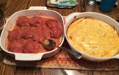 picture of bbq ham balls and scalloped potatoes