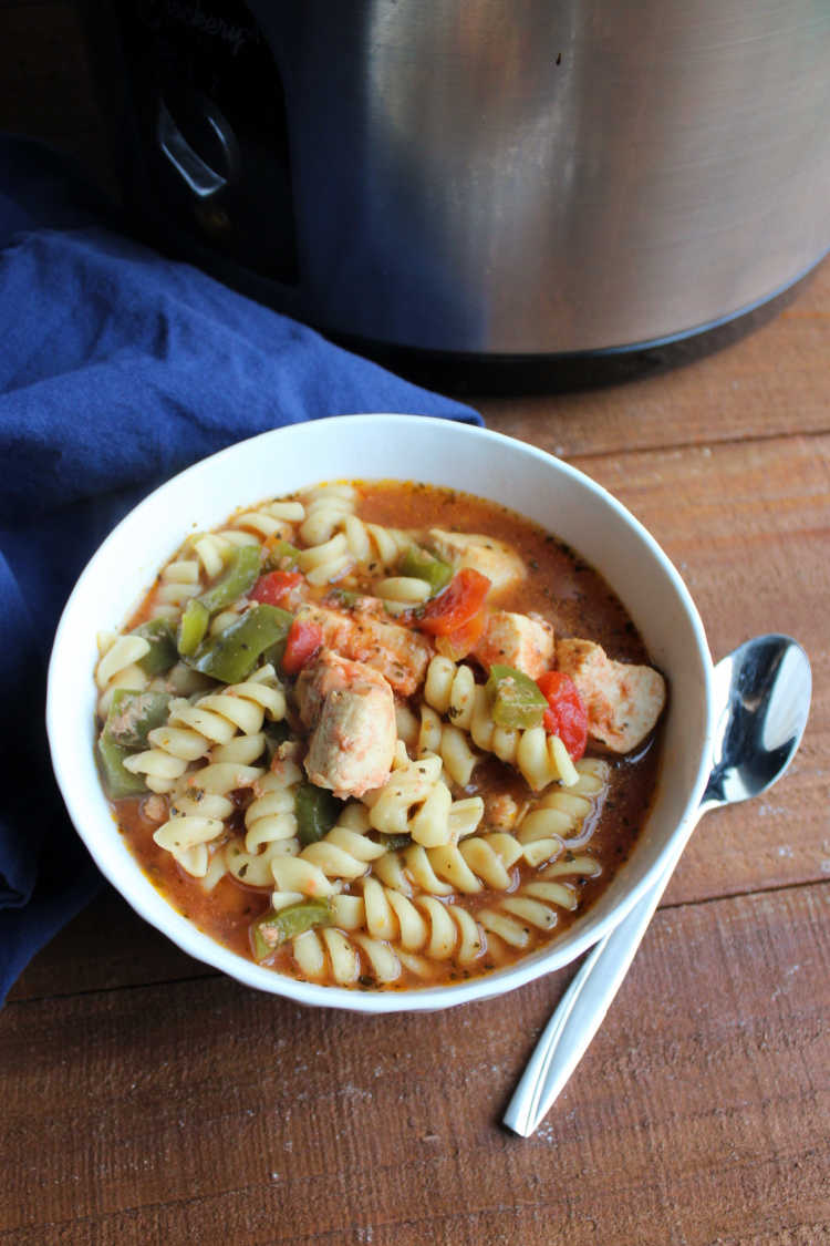 bowl of slow cooker chicken noodle soup.