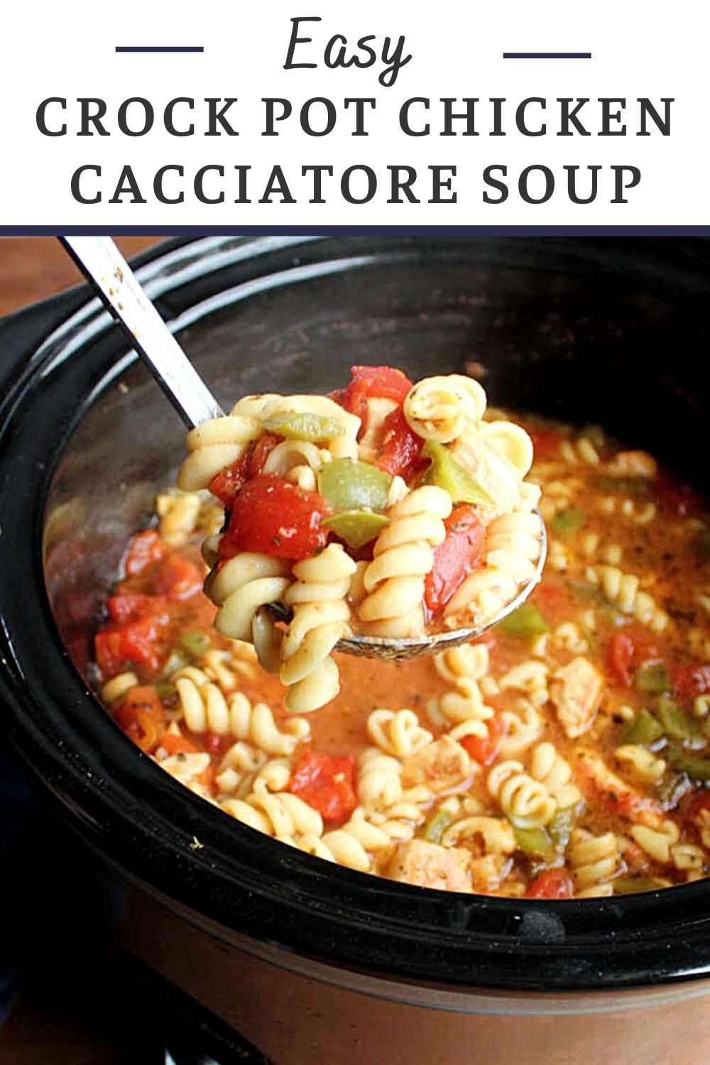 This simple Italian inspired chicken soup comes together in a slow cooker leaving you free to go about your day. Stir in some pasta about a half an hour before it's time to eat and dinner is ready! It will fill your family's bellies and warm them right up. Nobody will have to know how easy it was to make, that can be our little secret!