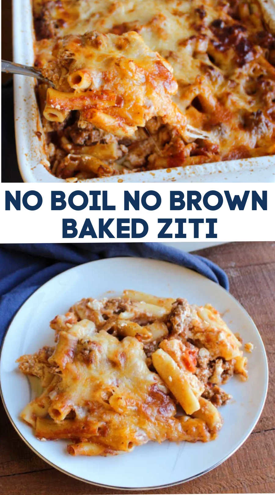Enjoy all of the goodness of baked ziti with a fraction of the prep work! You don’t have to boil the noodles or brown the meat, just layer it up and bake it to perfection. 