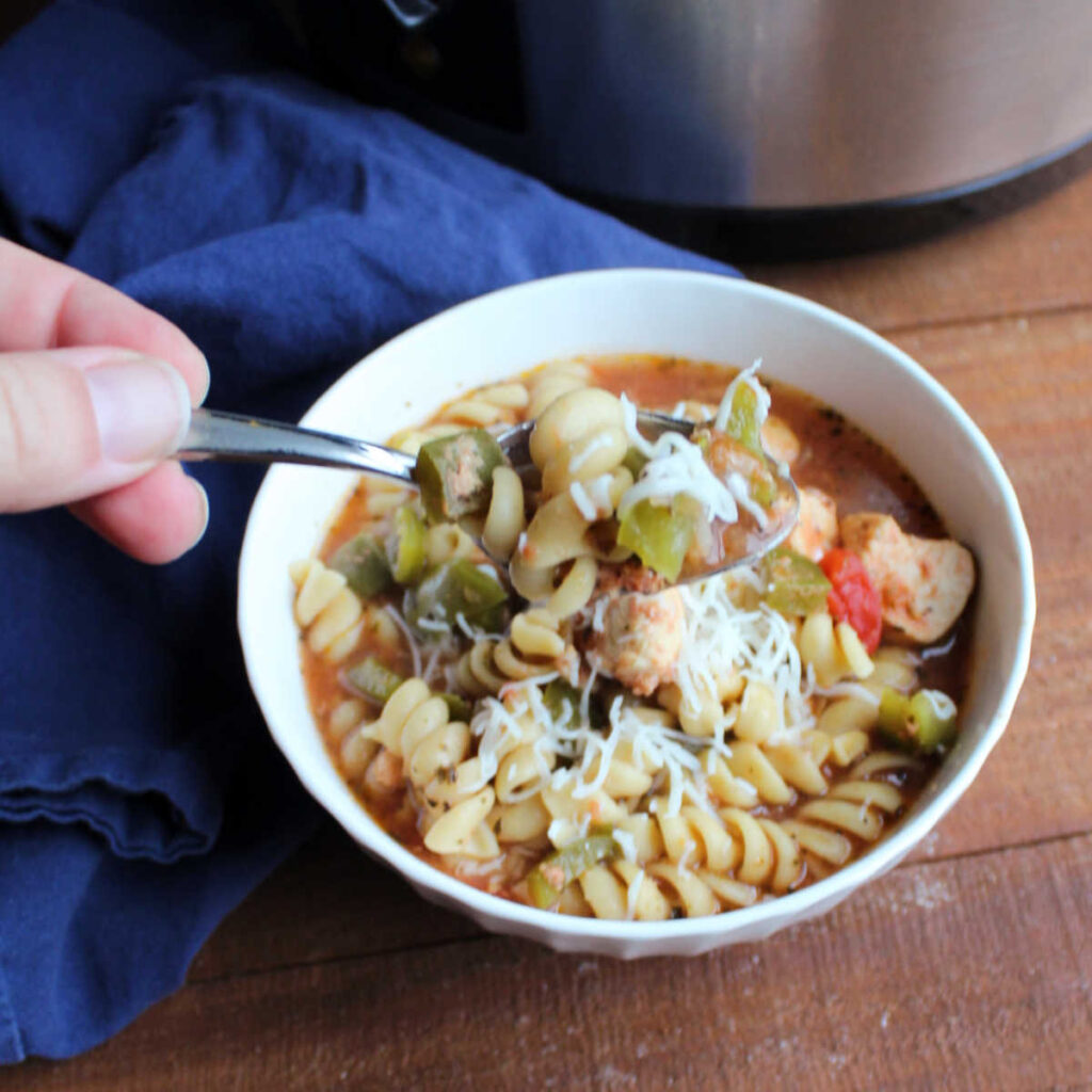 spoonful of chicken pasta and veggie soup.