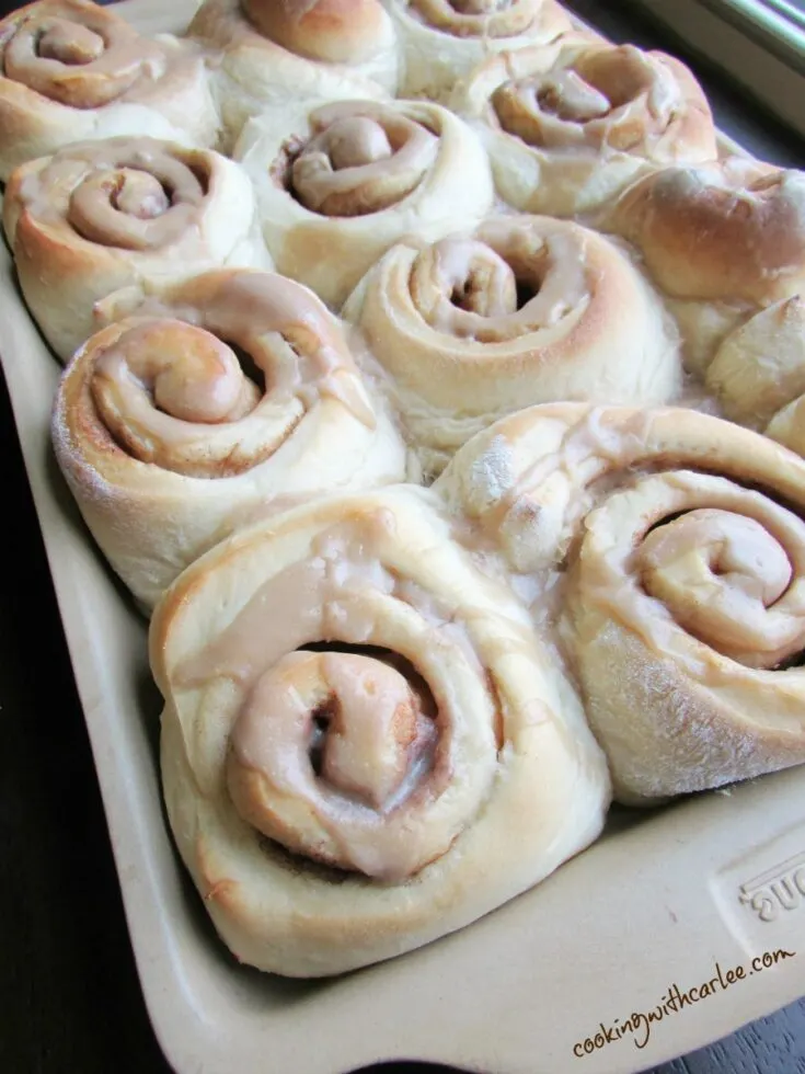Soft cinnamon rolls made with potato dough ready to eat.