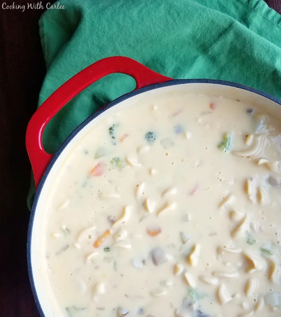 Pot of cheese soup with pasta and vegetables.