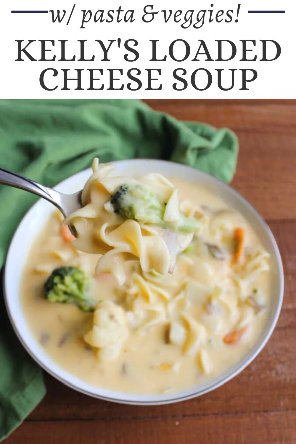 This cheese soup is the ultimate in comfort food. It is super creamy and really delicious. Plus it is loaded with cauliflower, broccoli and carrots. The pasta makes for a really nice addition, it is almost like macaroni and cheese in a full meal soup kind of form. Let me tell you, it is a favorite around here.