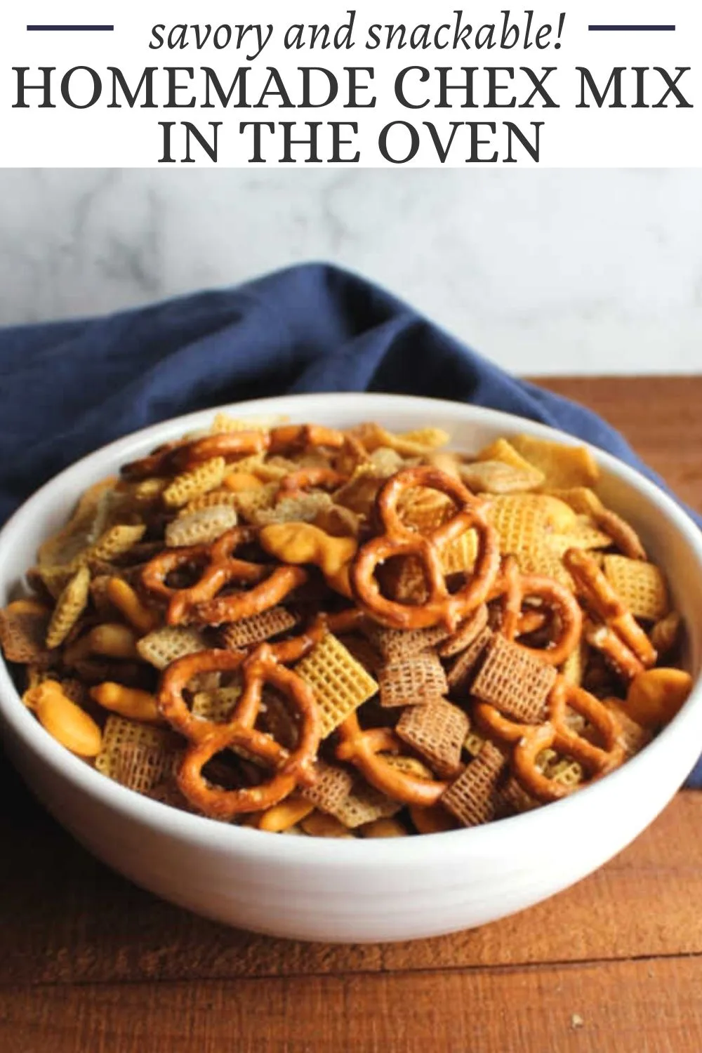This classic Chex mix is perfect. Each pieces is coated with savory seasoned goodness and it is baked to crisp perfection. There are no little packets of mix to remember, just simple ingredients you are likely to already have in your pantry. It is good for holiday gatherings, parties, road trip snacks and more.