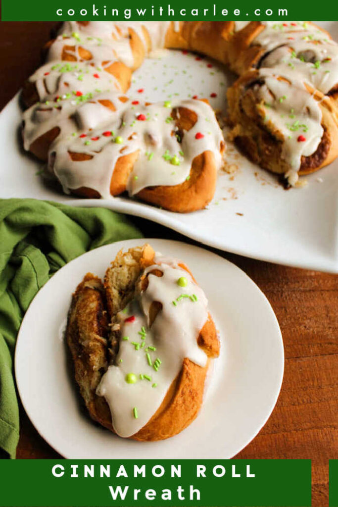 Soft and sweet cinnamon rolls take on a festive wreath shape. They are a perfect holiday breakfast or something fabulous for overnight guests. 