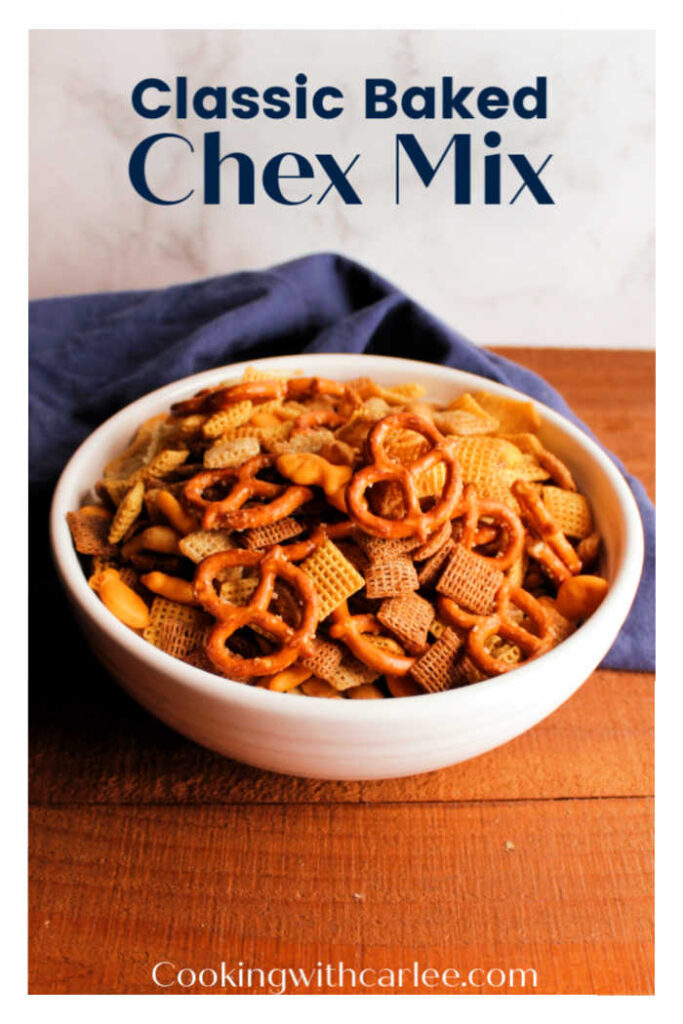 This classic chex mix recipe is perfect.  Each pieces is coated with savory seasoned goodness and it is baked to crisp perfection.  There are no little packets of mix to remember, just simple ingredients you are likely to already have in your pantry. It is good for holiday gatherings, parties, road trip snacks and more. 