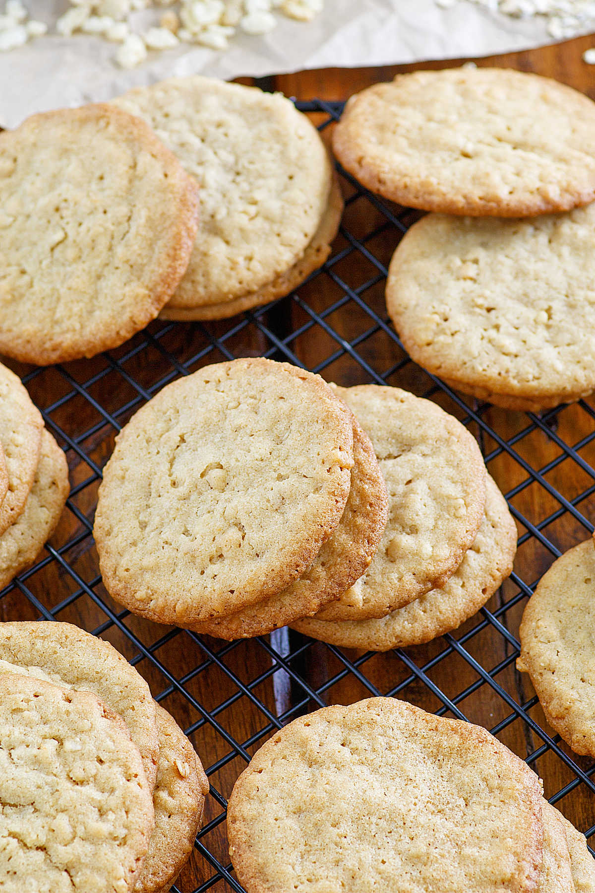looking down on crispy buttery lightly golden 7 cup cookies.