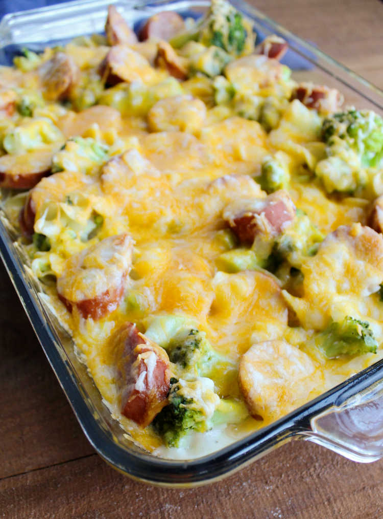 cheesy kielbasa broccoli and pasta casserole fresh from oven.