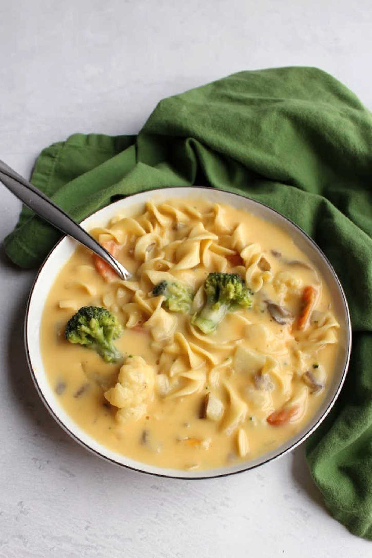 Bowl of cheese soup with wide egg noodles, broccoli, cauliflower, carrots, potatoes and mushrooms inside. 