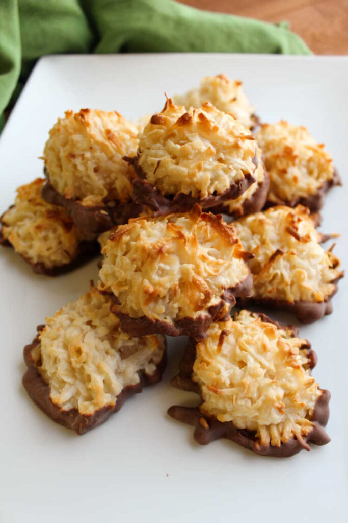 platter of coconut macaroons with chocolate bottoms.