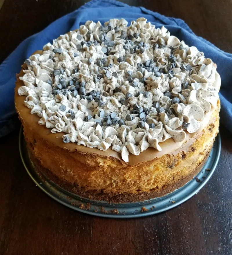cheesecake topped with mocha whipped cream stars and chocolate chips.