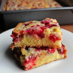 two cakey bars dotted with fresh cranberries stacked on each other