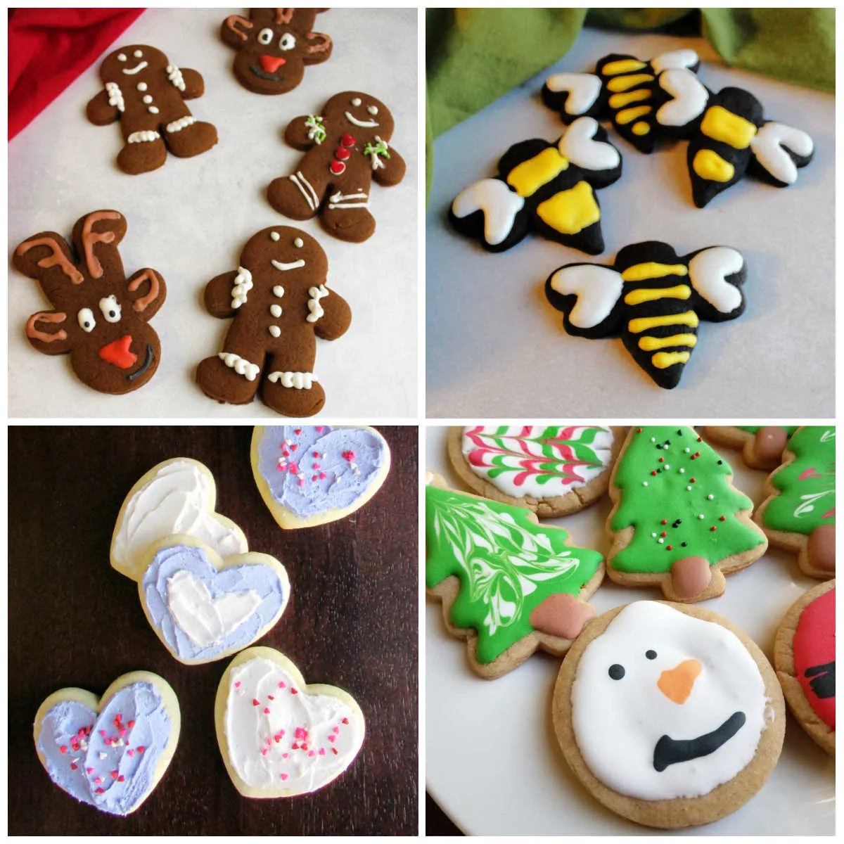 Collage of different types of decorated cut out cookies.