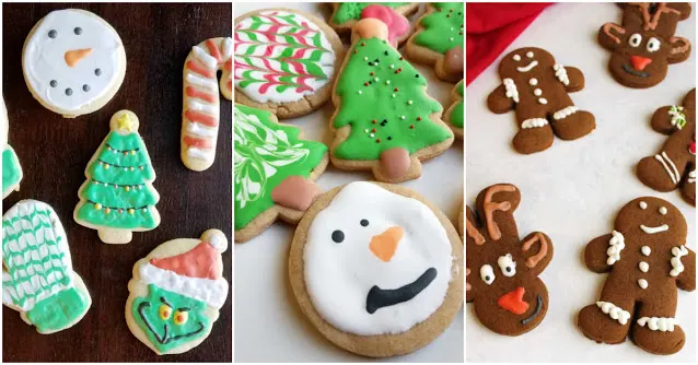 collage of sugar cookies, peanut butter cookies and gingerbread cookies