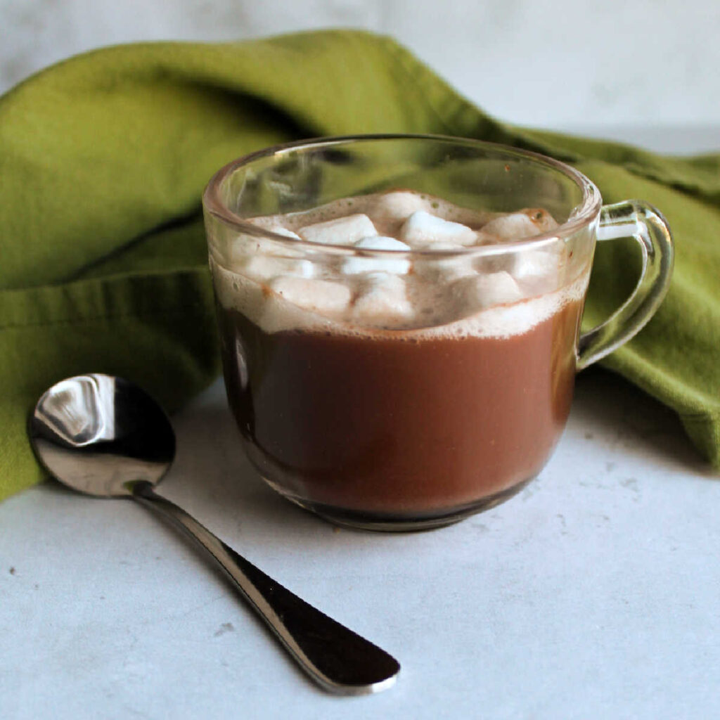 small glass mug with hot cocoa and mini marshmallows.