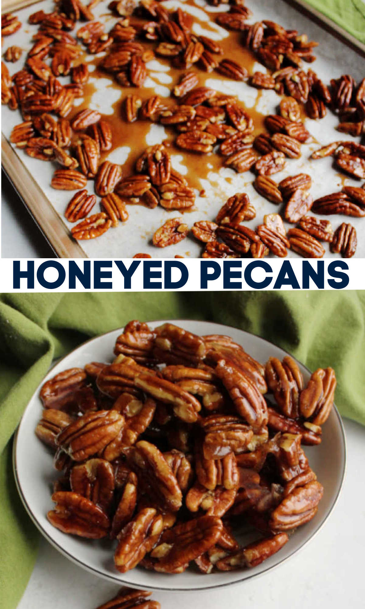 Delicious 4 ingredient honeyed pecans are extra tasty candied nuts. They are a perfect snack on their own or as a topping for so many things.