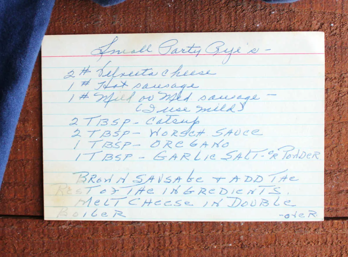 Grandma's hand written recipe card for small party ryes.