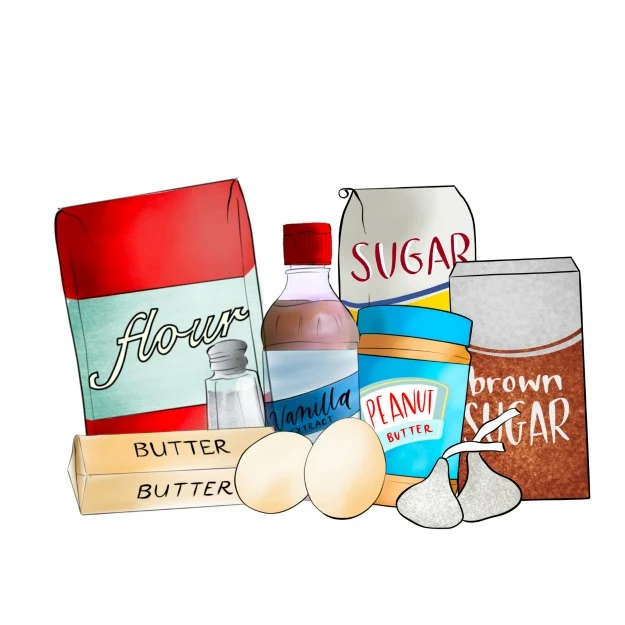 peanut butter blossom cookie ingredients illustrated.
