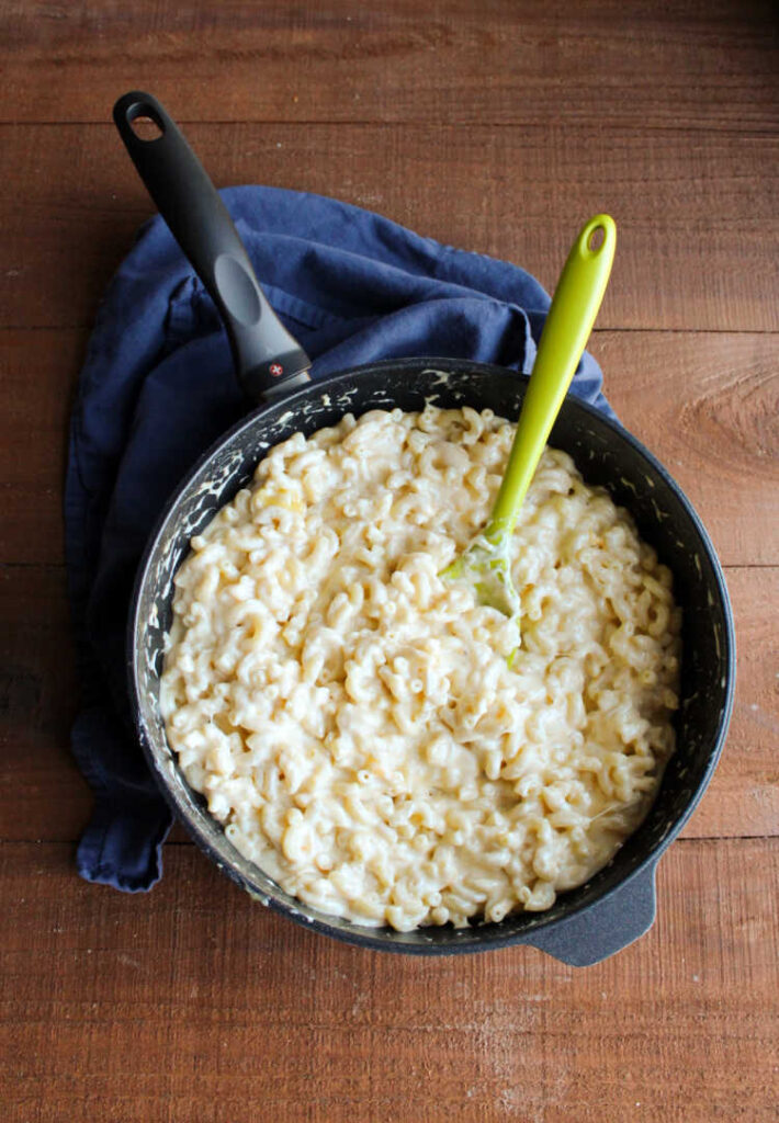 pot filled with creamy stovetop mac and cheese.