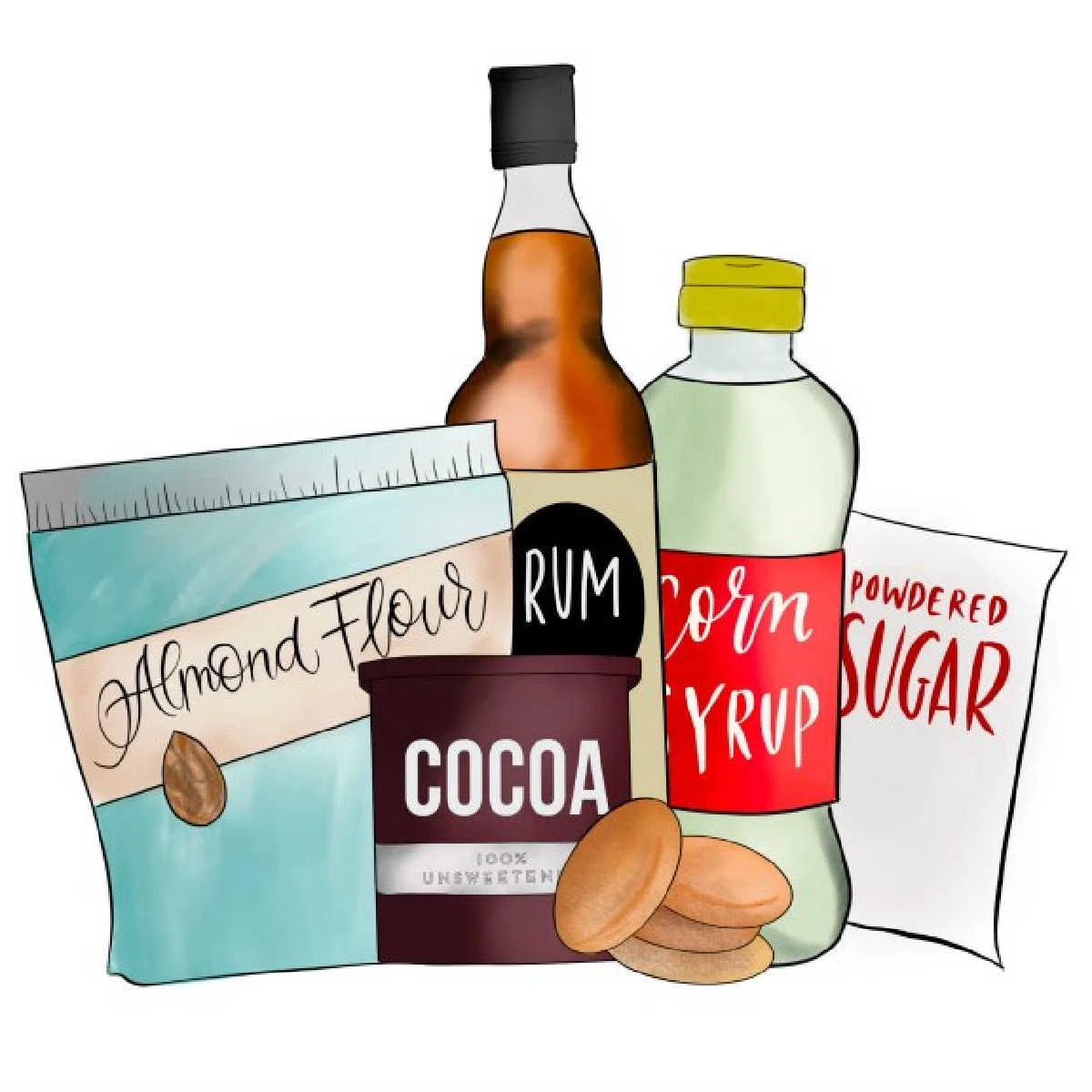 Digital illustration of rum ball ingredients including unsweetened cocoa powder, corn syrup, powdered sugar, nilla wafers, almonds and rum.