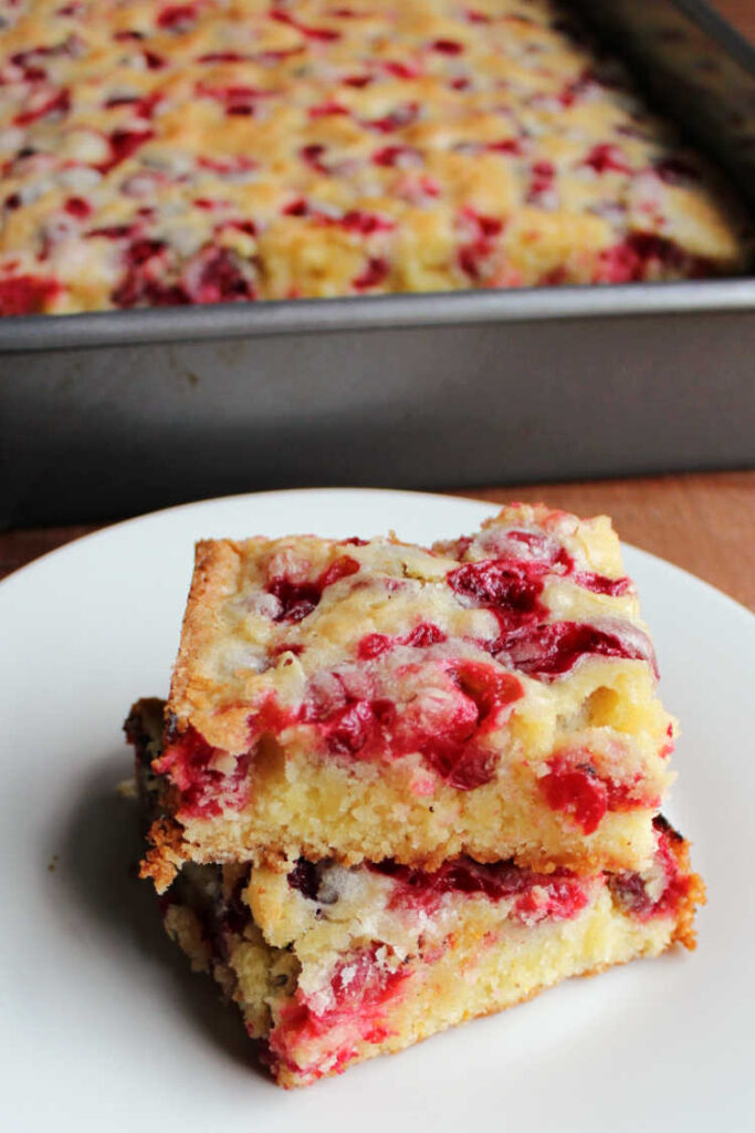 two pieces of cranberry snack take stacked on each other in front of baking pan.