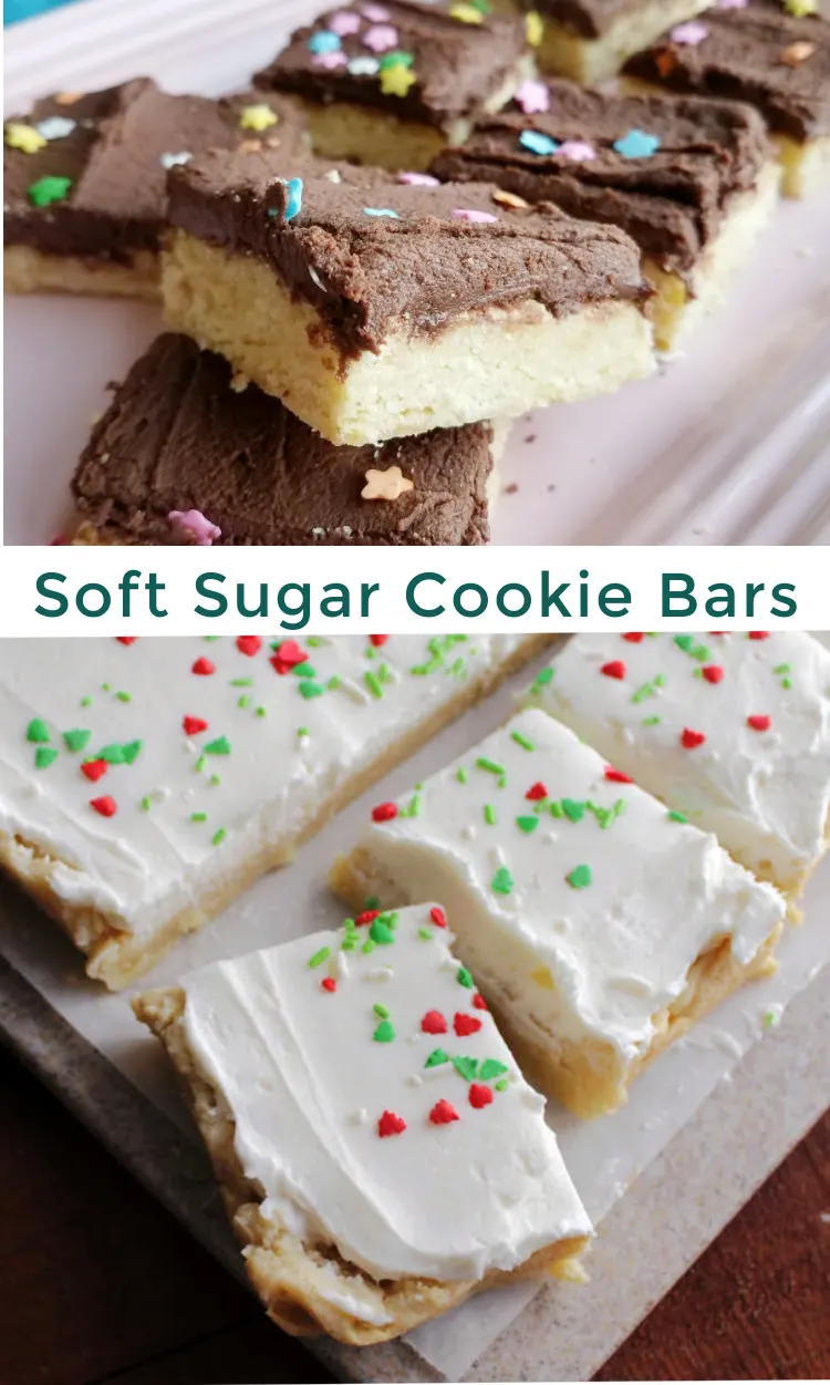 Super soft sugar cookie bars topped with a fluffy layer buttercream are a fun and easy treat. They are so much quicker to make than individual cookies and taste great!