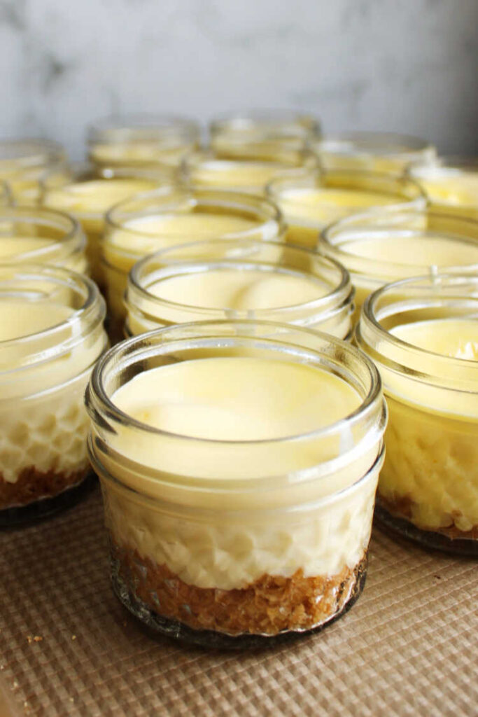 freshly baked mini cheesecake jars cooling on tray
