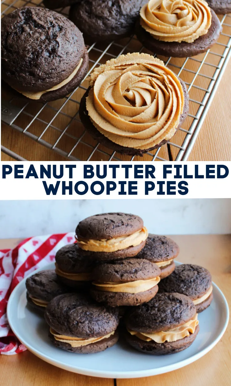 Homemade whoopie pies are the perfect mix of cookie, cake and frosting. This recipe uses the shortcut of a cake mix, so they are super simple to make. The filling has bold peanut butter flavor with the marshmallow undertones you would expect in a classic whoopie pie. The end result is a fun hand held treat that is sure to wow.