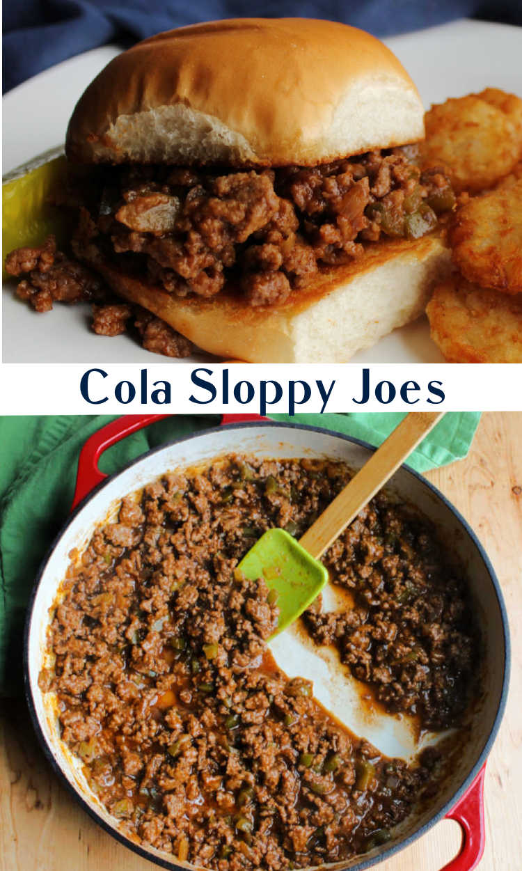 collage with sloppy joe mixture in pan and on a bun.