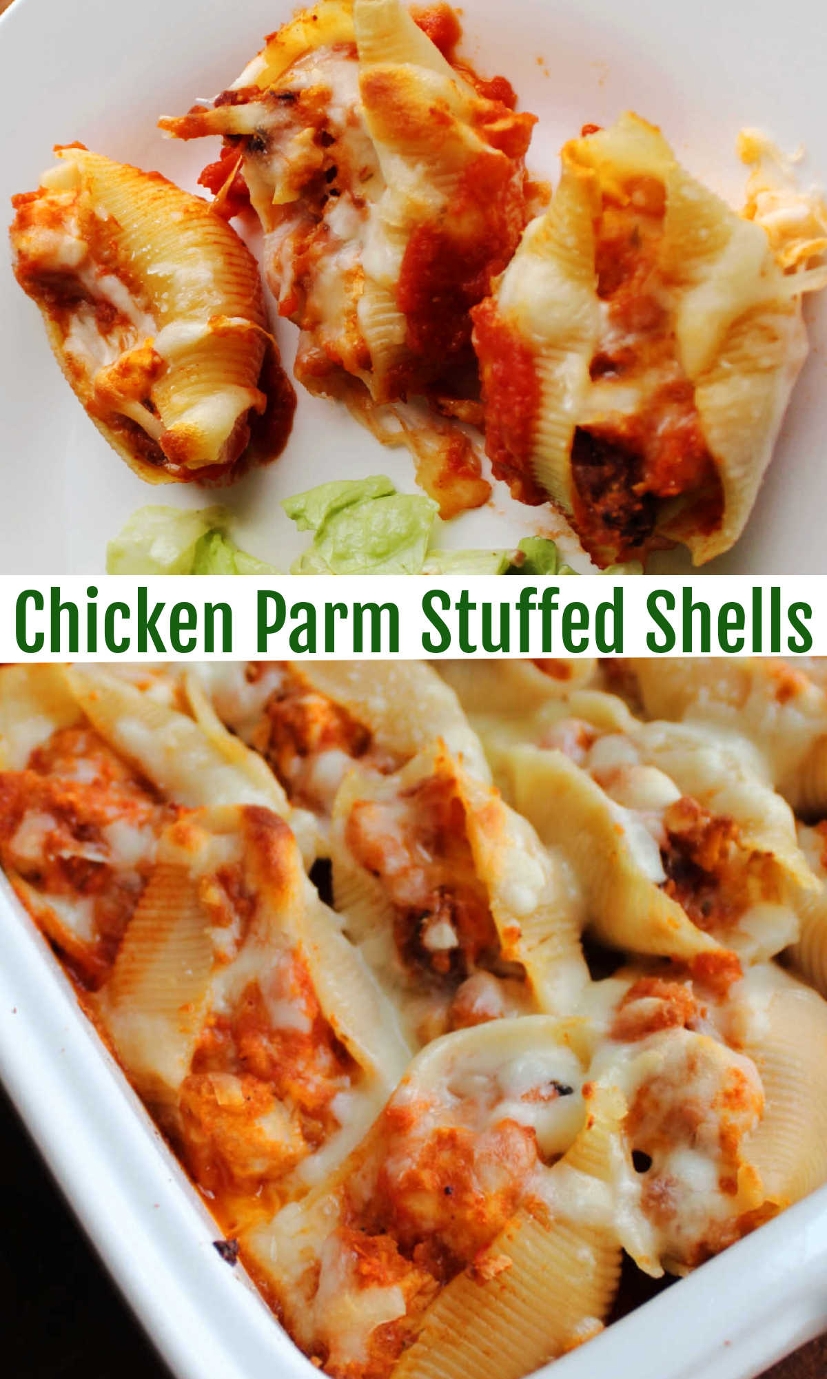 Chicken Parmesan stuffed shells are a mash up of two favorite restaurant dishes. It is baked to cheesy perfection and is sure to become a favorite meal at your family's dinner table.