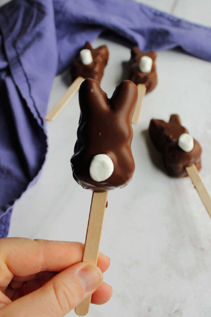 Hand holding popsicle stick with chocolate dipped peep bunny with white fluffy tail.