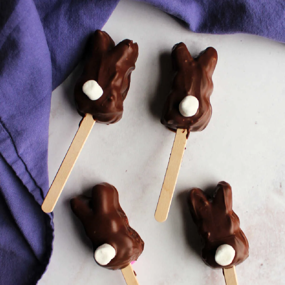 Chocolate dipped marshmallow bunnies with popsicle sticks and marshmallow tails.