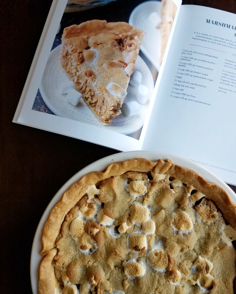 Fluffernutter cookie pie next to picture of pie in cookbook. 
