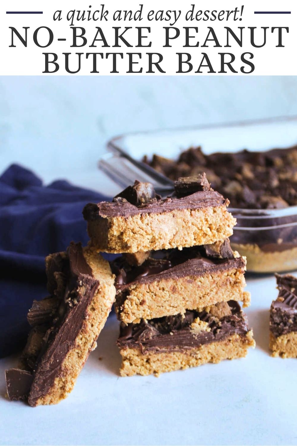 Peanut butter, graham crackers and chocolate come together in these fun no bake peanut butter bars. They are sure to get rave reviews everywhere you take them.  Luckily they only take 6 ingredients and a few minutes to put together, so the are a perfect easy dessert.
