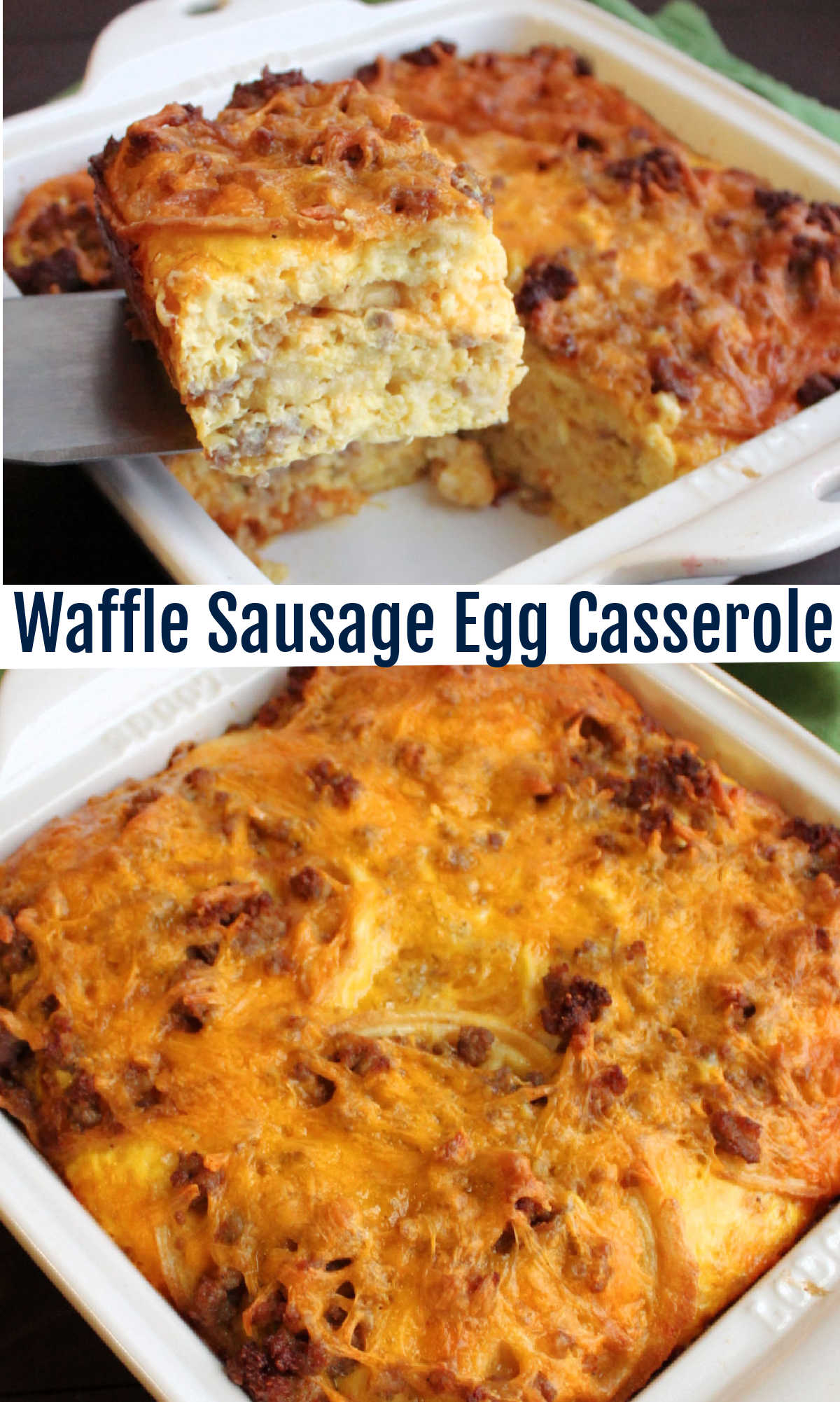 Bake all of your breakfast favorites together in this fun and tasty sausage and waffle breakfast casserole. It's a little sweet, a little savory and oh so good! 