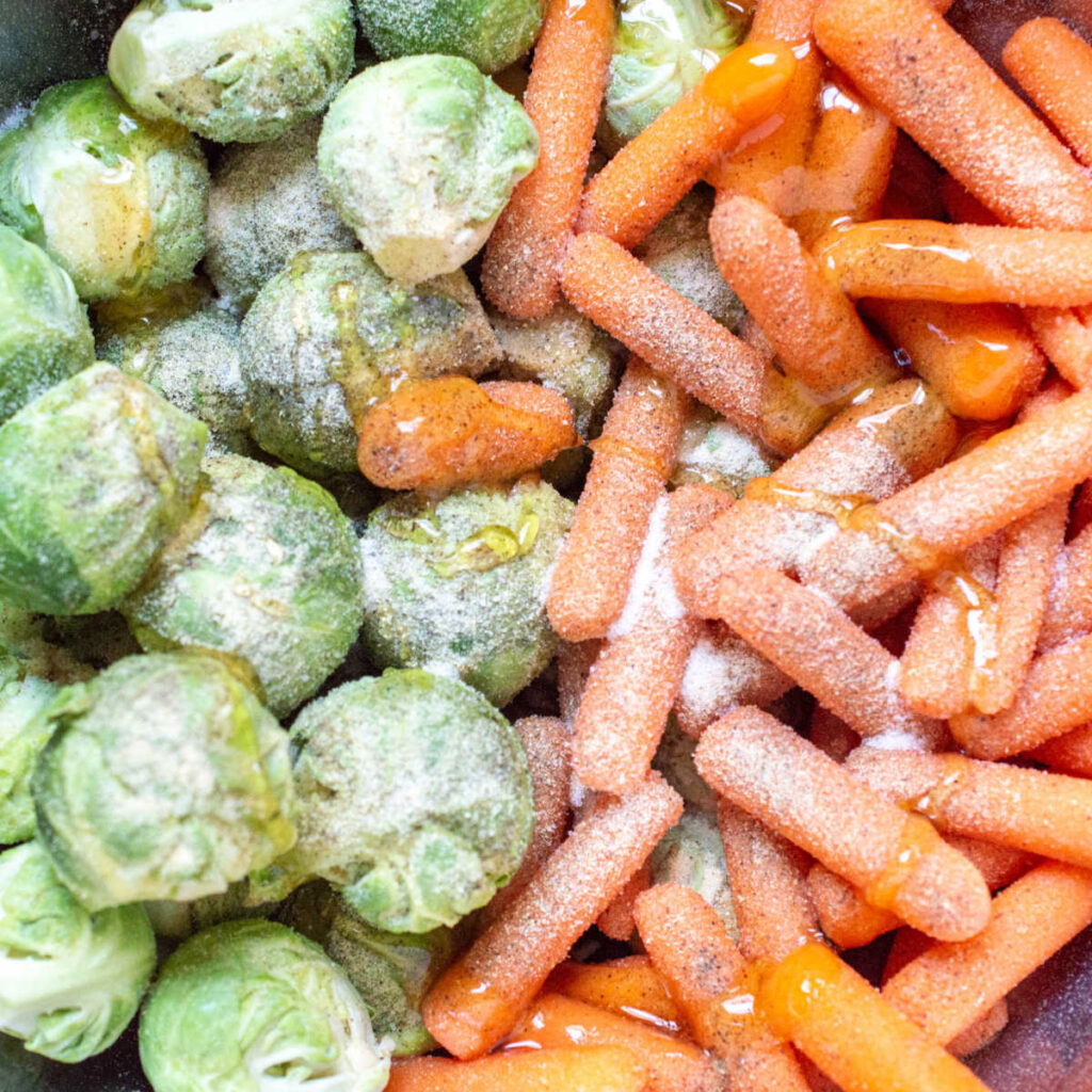 brussels sprouts and carrots dusted with salt, pepper, garlic and drizzled with honey.