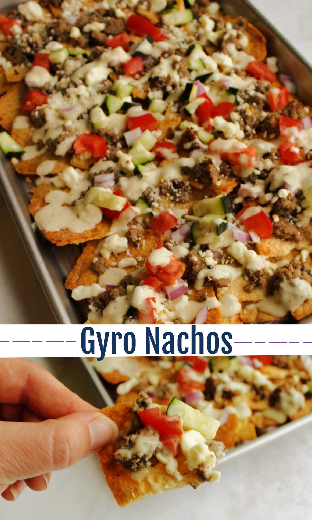 Tasty Greek nachos with all of the best toppings on top make for a great appetizer or a fun dinner. Pile them up with gyro inspired meat, plenty of veggies and a drizzle of tzatziki.