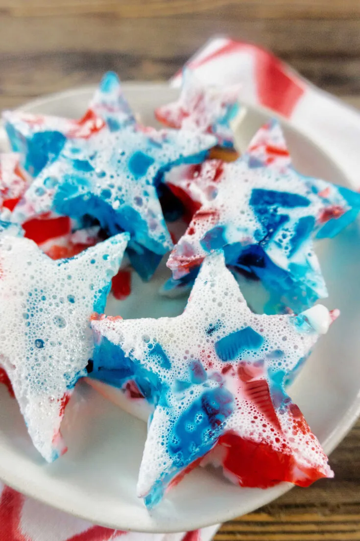 Patriotic broken glass jello jigglers cut into star shapes.