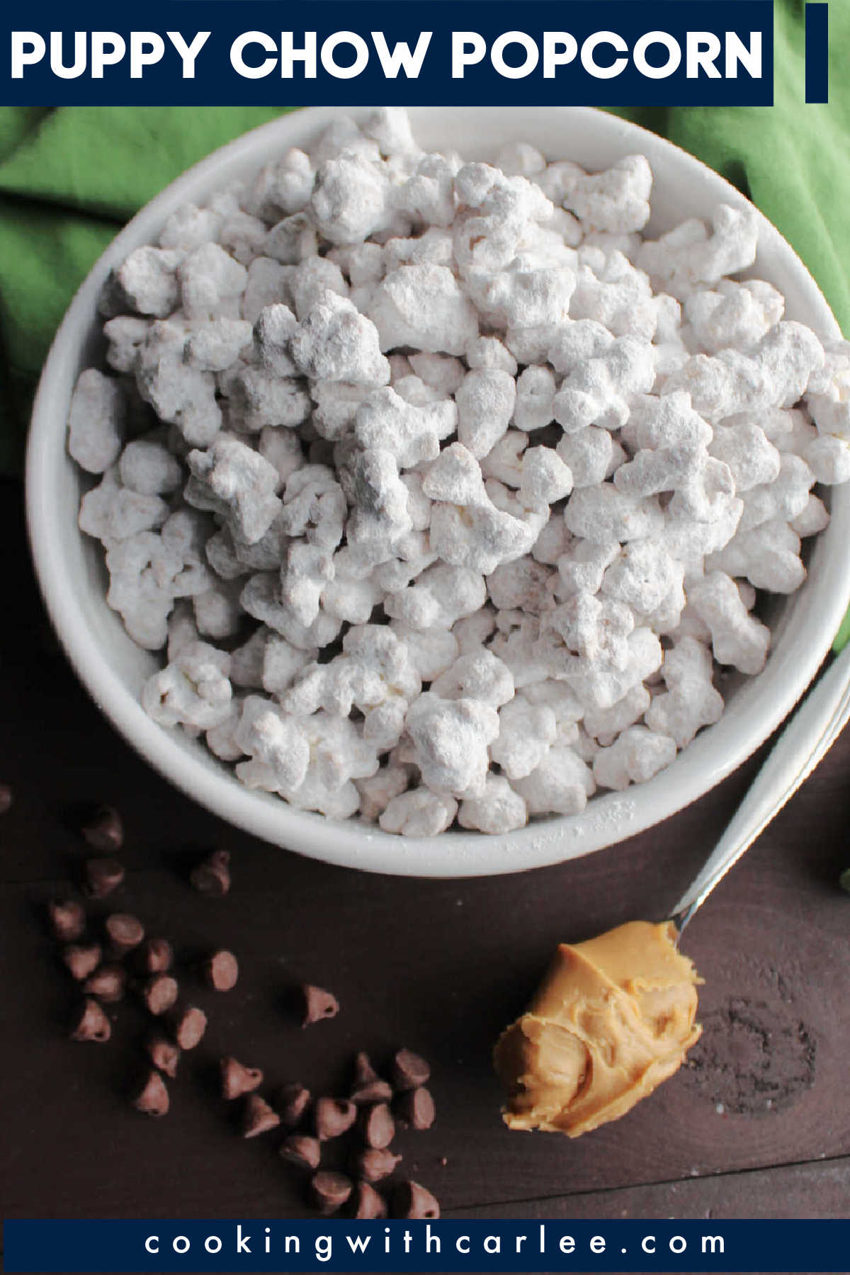 Puppy chow popcorn is the perfect combination of chocolate, peanut butter, popcorn and powdered sugar. It is a fun sweet snack mix that is perfect for movie night and parties.