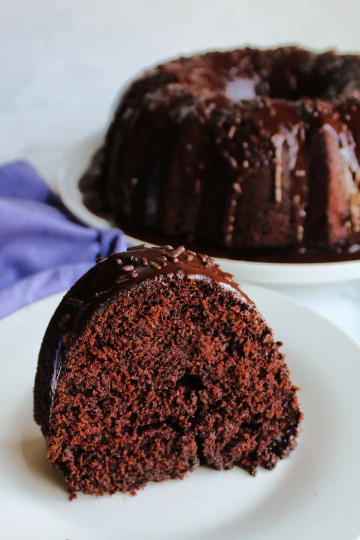 Piece of moist chocolate bundt cake on plate in front of remaining cake.