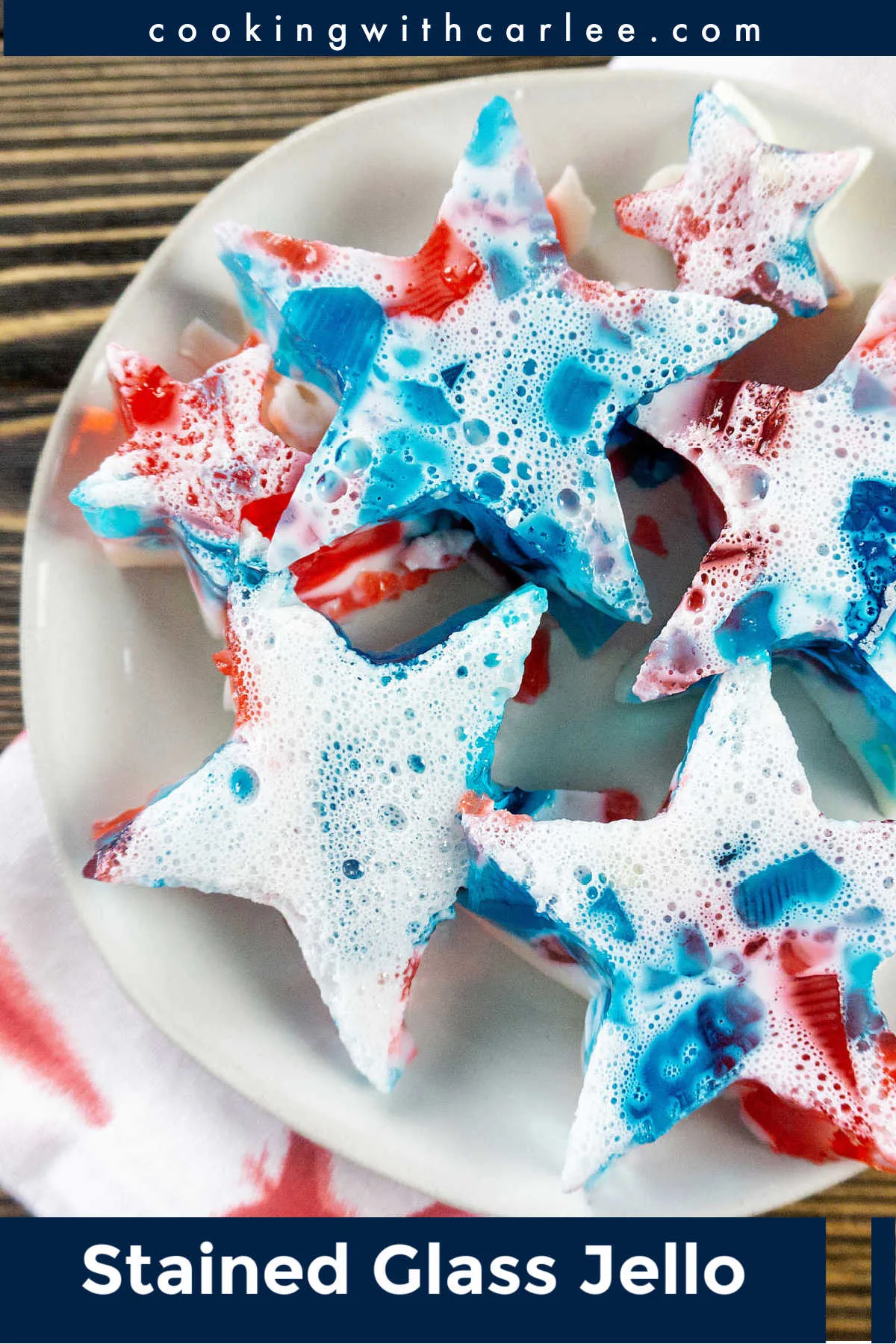 This fun red white and blue stained glass jello is perfect for patriotic summer holidays like Memorial Day and the Fourth of July. However you can mix and match the colors to make it perfect for any holiday or event.